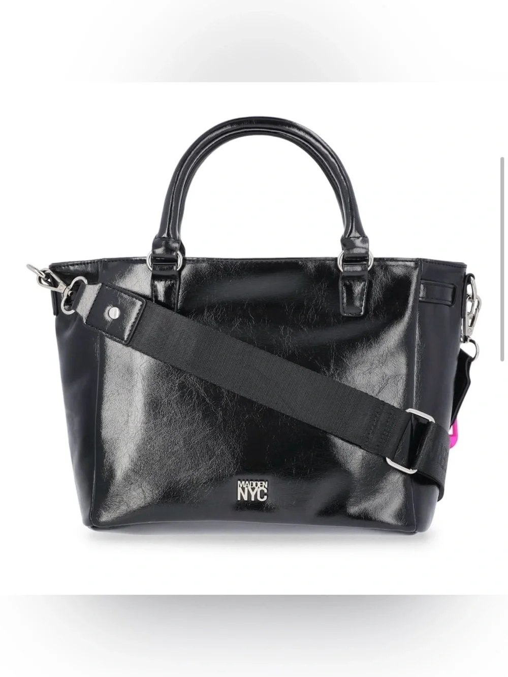B04 Black Women's Patent Top Handle Black Satchel Bag with White Plush Charm NWT